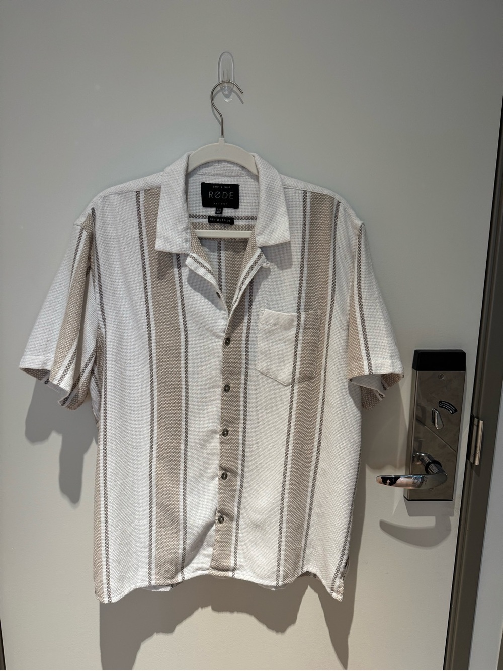 Rode Short-Sleeve Button-Up Shirt in White & Beige Stripe